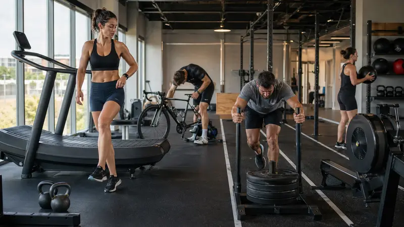 Triatletas amadores fazendo treino híbrido com corrida, força e bike indoor