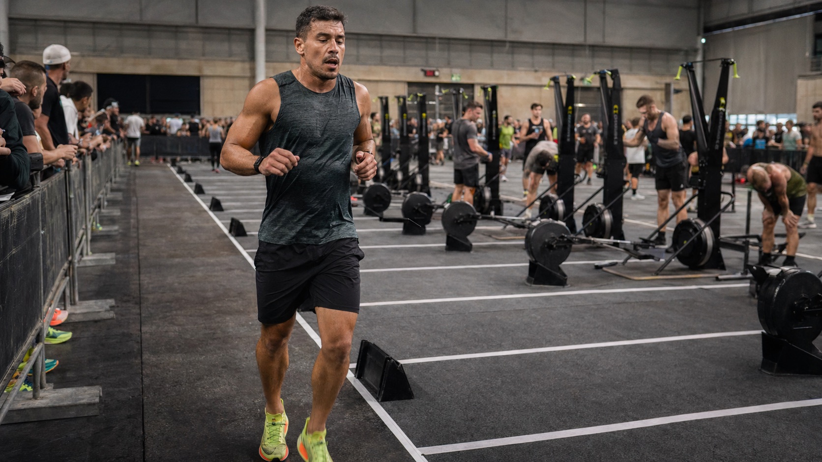 Atleta entrando em uma zona de estações depois de uma corrida de 1 km em prova indoor