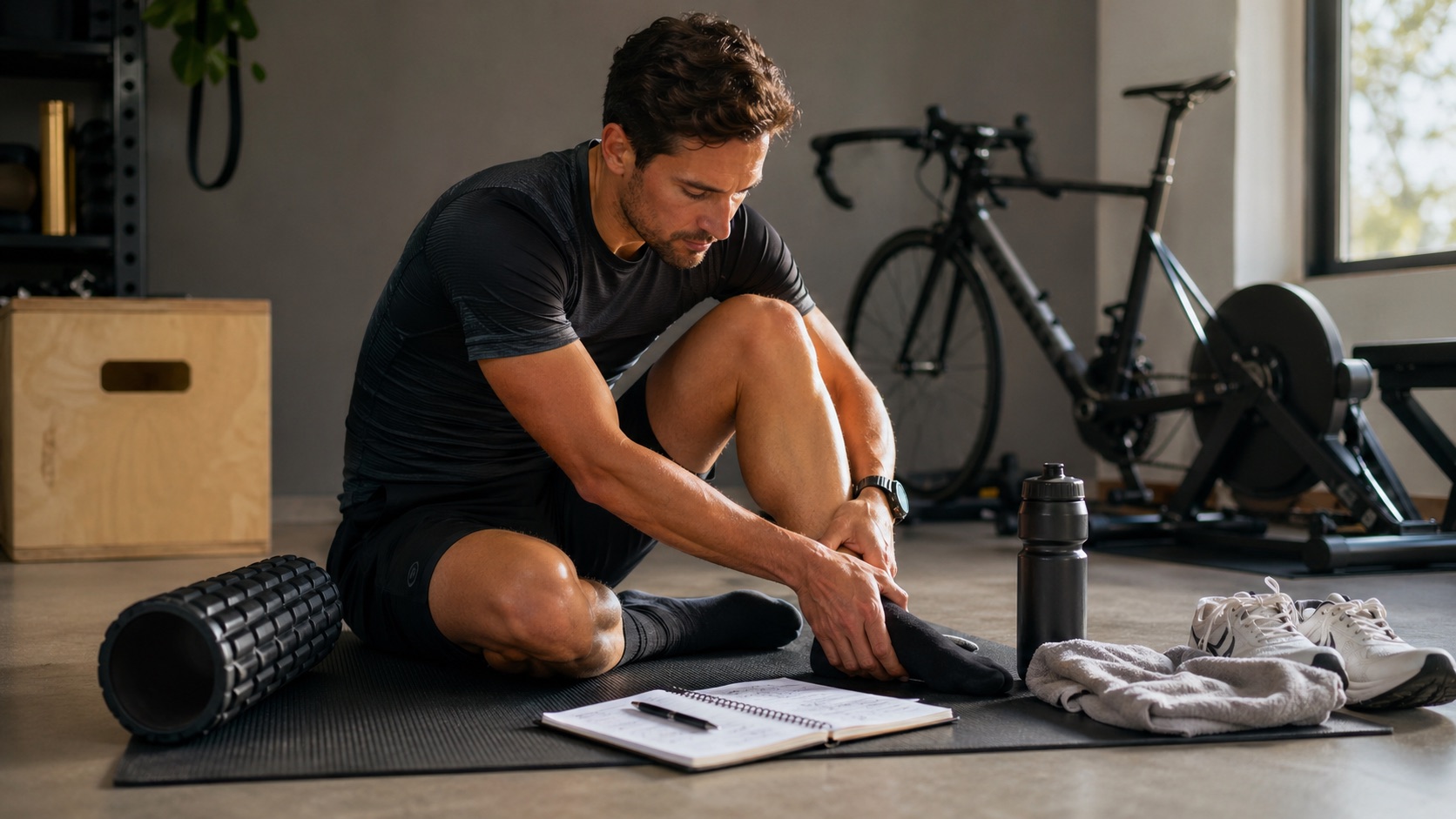 Triatleta amador fazendo sandbag lunges em uma sessão de força funcional