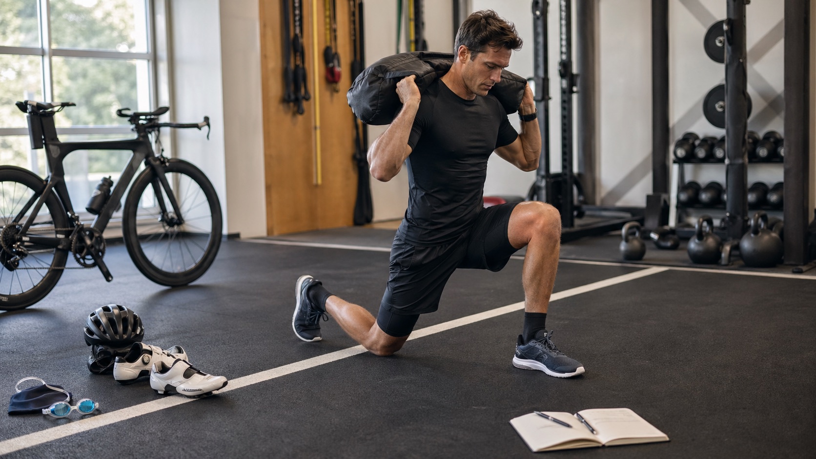 Atleta amador revisando treino e recuperação depois de uma sessão híbrida